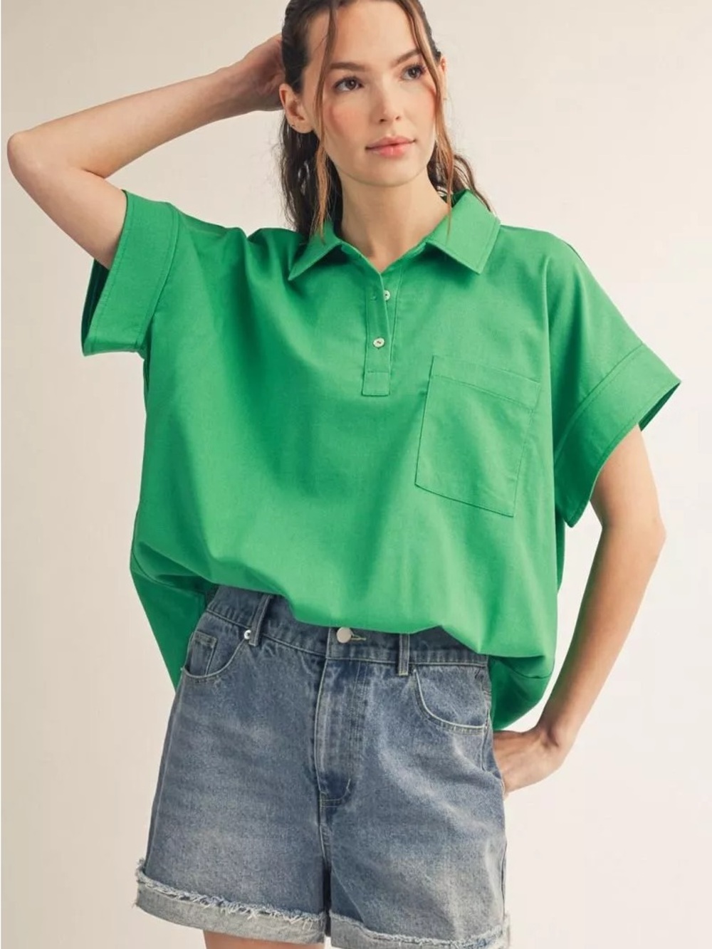 Jodifl Green Woven Polo Pocket Tee - Women NWOT Small